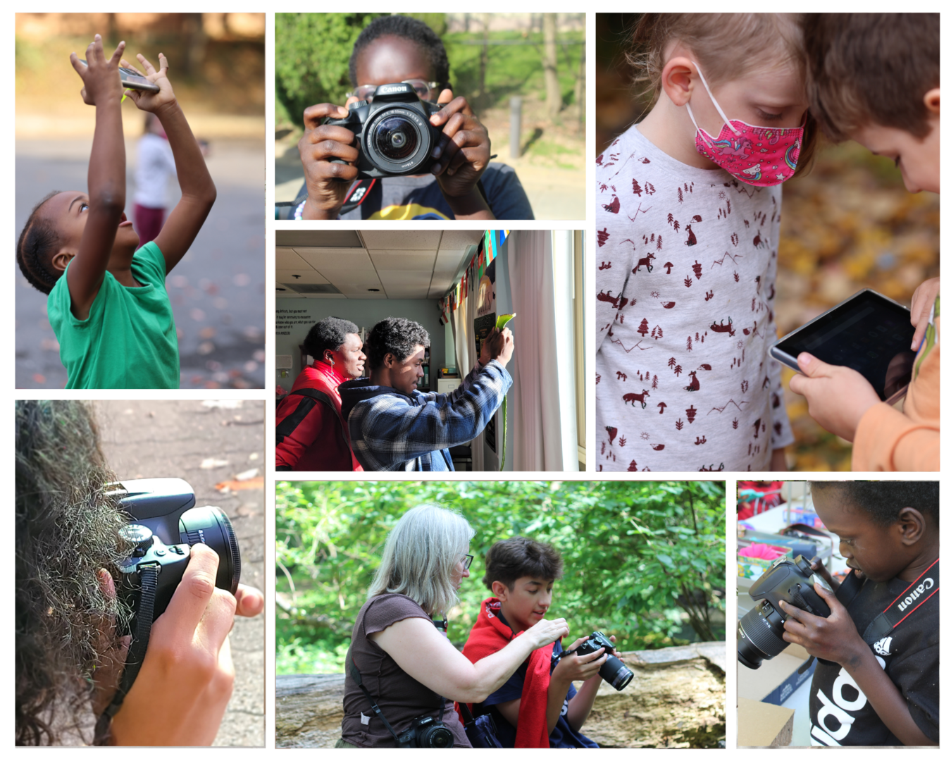 Photos of a diverse group of students using DSLR and cell phone cameras.