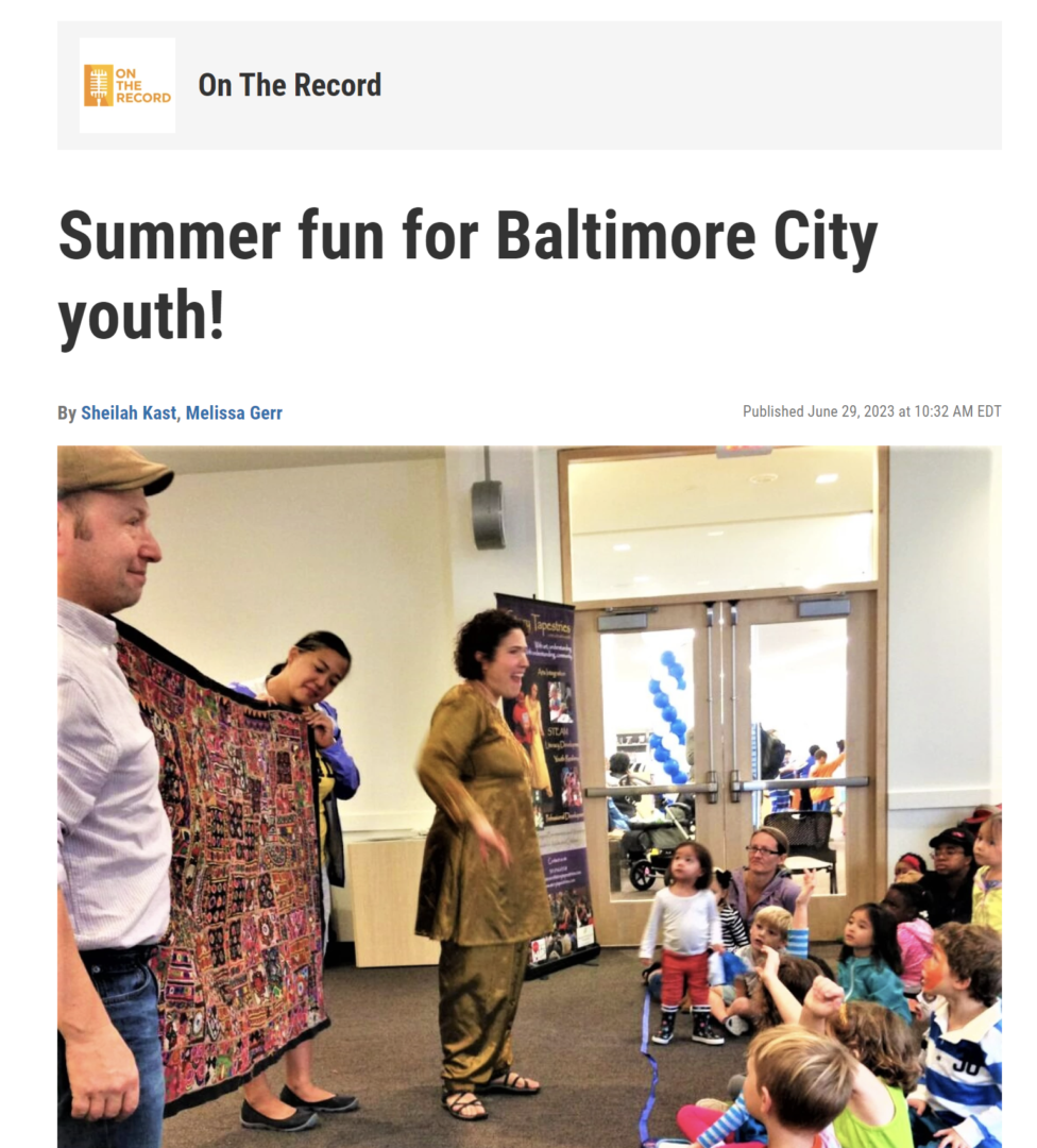 Screen shot of On the Record's webpage that says Summer Fun for Baltimore City youth! with a photo of Arianna giving a presentation at a library