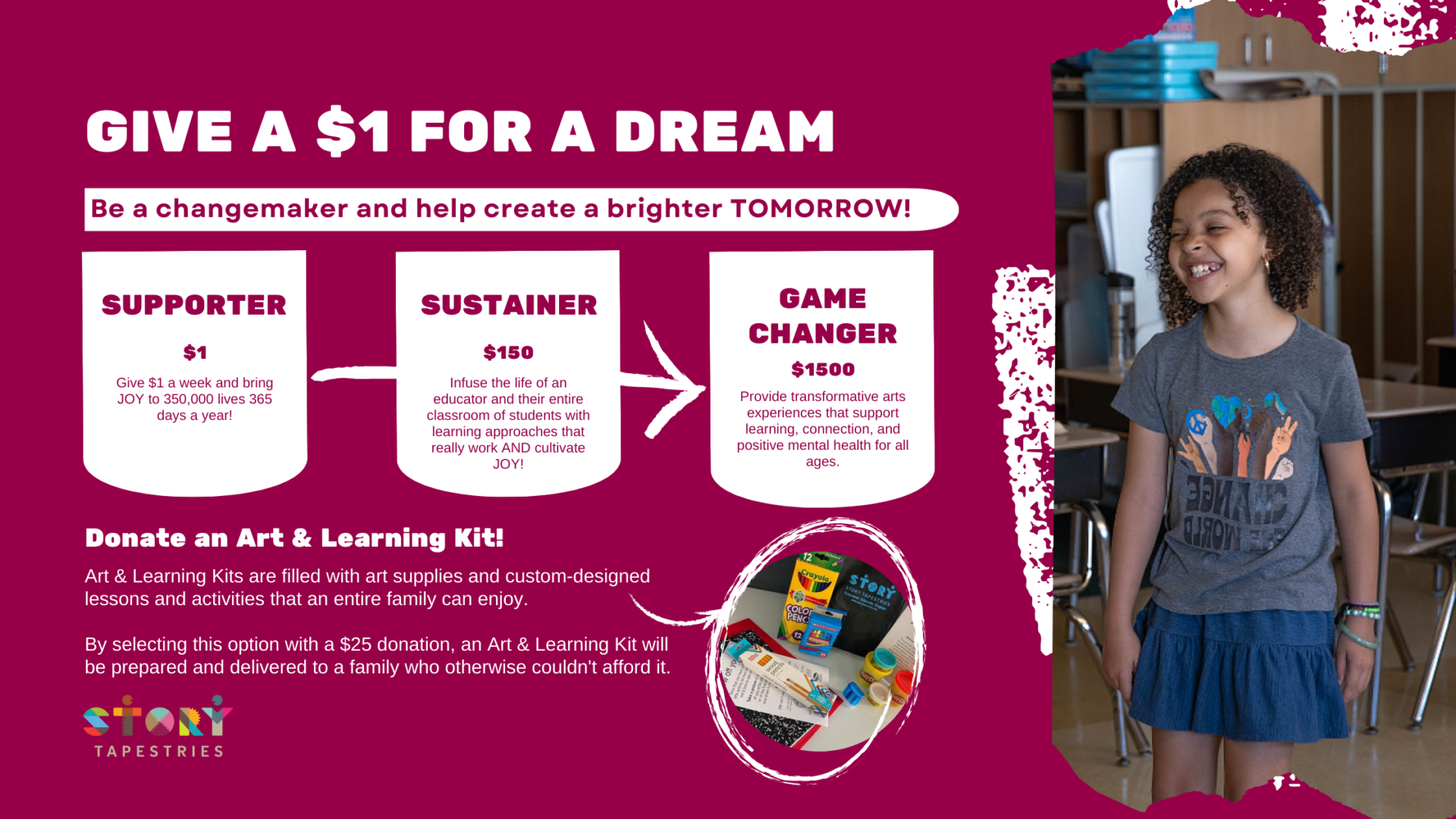 Give a $1 for a Dream Giving Levels - Supporter - Give $1 a week and bring JOY to 350,000 lives 365 days a year; Sustainer - $150 - Infuse the life of an educator and their entire classroom of students with learning approaches that really work AND cultivate JOY; Game Changer - $1,500 - Provide transformative arts experiences that support learning, connection, and positive mental health for all ages. Donate an Art & Learning Kit! Art & Learning Kits are filled with arts supplies and custom-designed lessons and activities that an entire family can enjoy. By selecting this option with a $25 donation, an Art & Learning Kit will be prepared and delivered to a family who otherwise couldn't afford it.