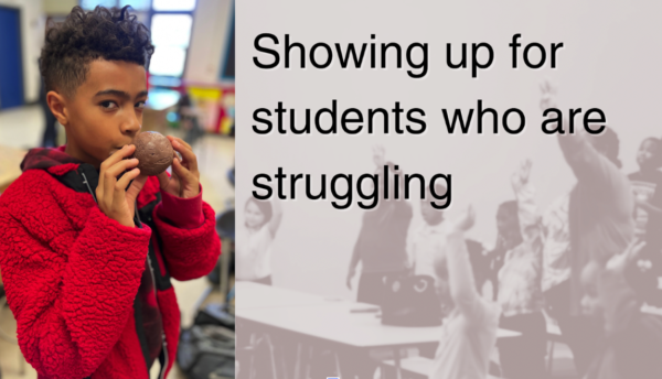 Photo of a middle schooler playing a clay flute he made and text that says: Showing up for students who are struggling