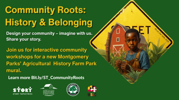 A green background graphic titled “Community Roots: History & Belonging.” A mural of a young boy holding a plant is shown beside event details inviting community members to co-create a new mural. Includes logos of partner organizations. Text encourages people to design, imagine, share stories, and join the project.