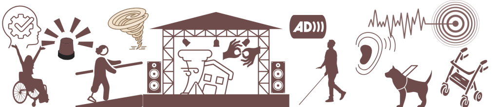 Illustration showing accessibility and emergency preparedness in the performing arts. On the left, a person in a wheelchair raises their arms with a checkmark in a thought bubble. Next to them are icons of a warning siren, a tornado, and a person using a white cane. At the center, a stage is framed with speakers and lights, with icons of a column, a house, and hands signing. To the right, accessibility icons include audio description (AD), a person with a white cane, an ear with sound waves, a guide dog, a sound wave with a target, and a mobility walker.